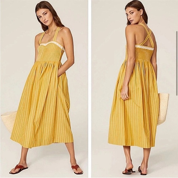 THE GREAT. Dresses & Skirts - THE GREAT Laurel Striped Midi Dress in Sunburst Stripes Yellow Sz Large